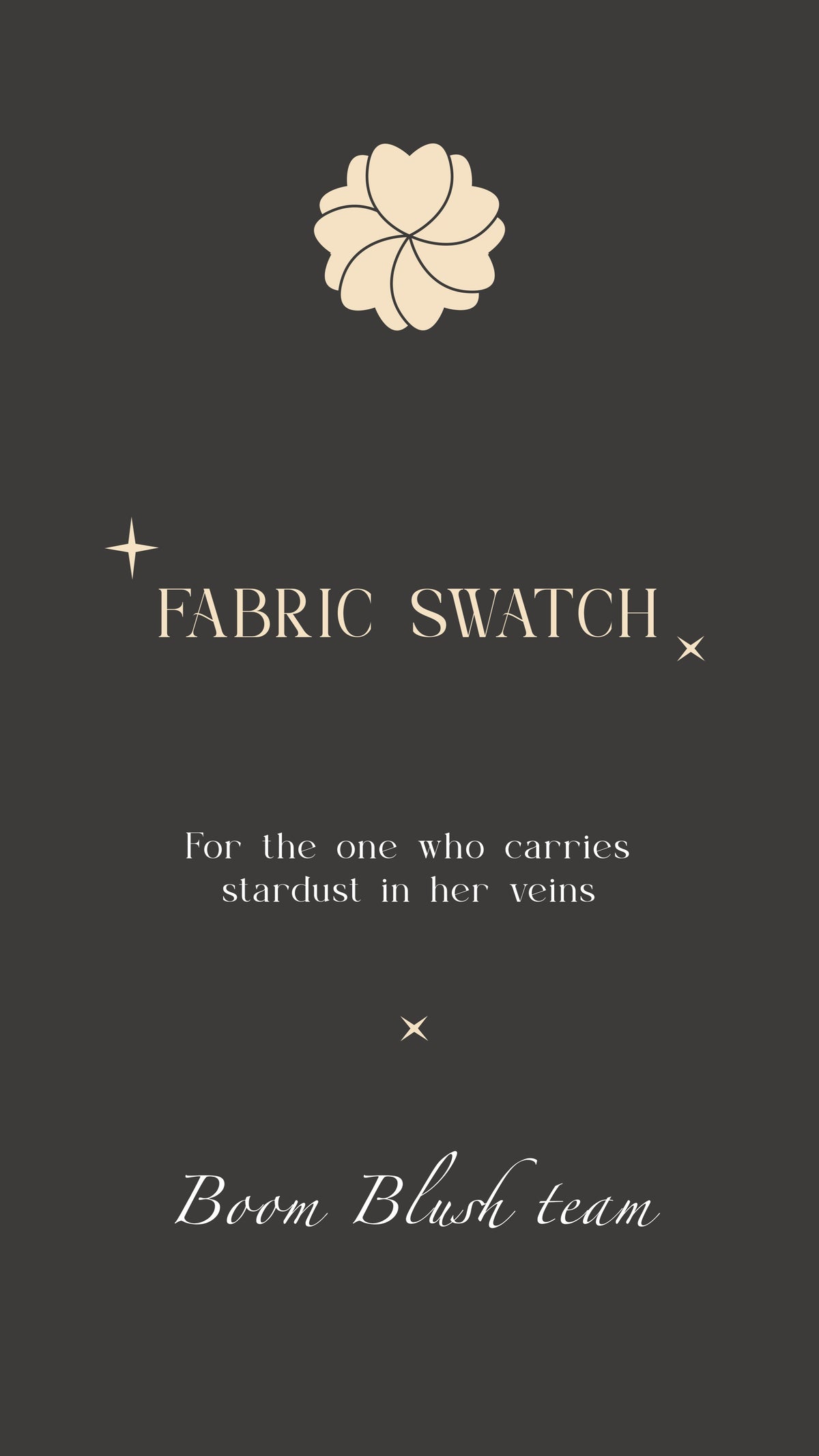 Bridal fabric swatches card with a cream flower emblem and small star accents on a charcoal background. Celestial Fabric Swatch Set by Ephemeris