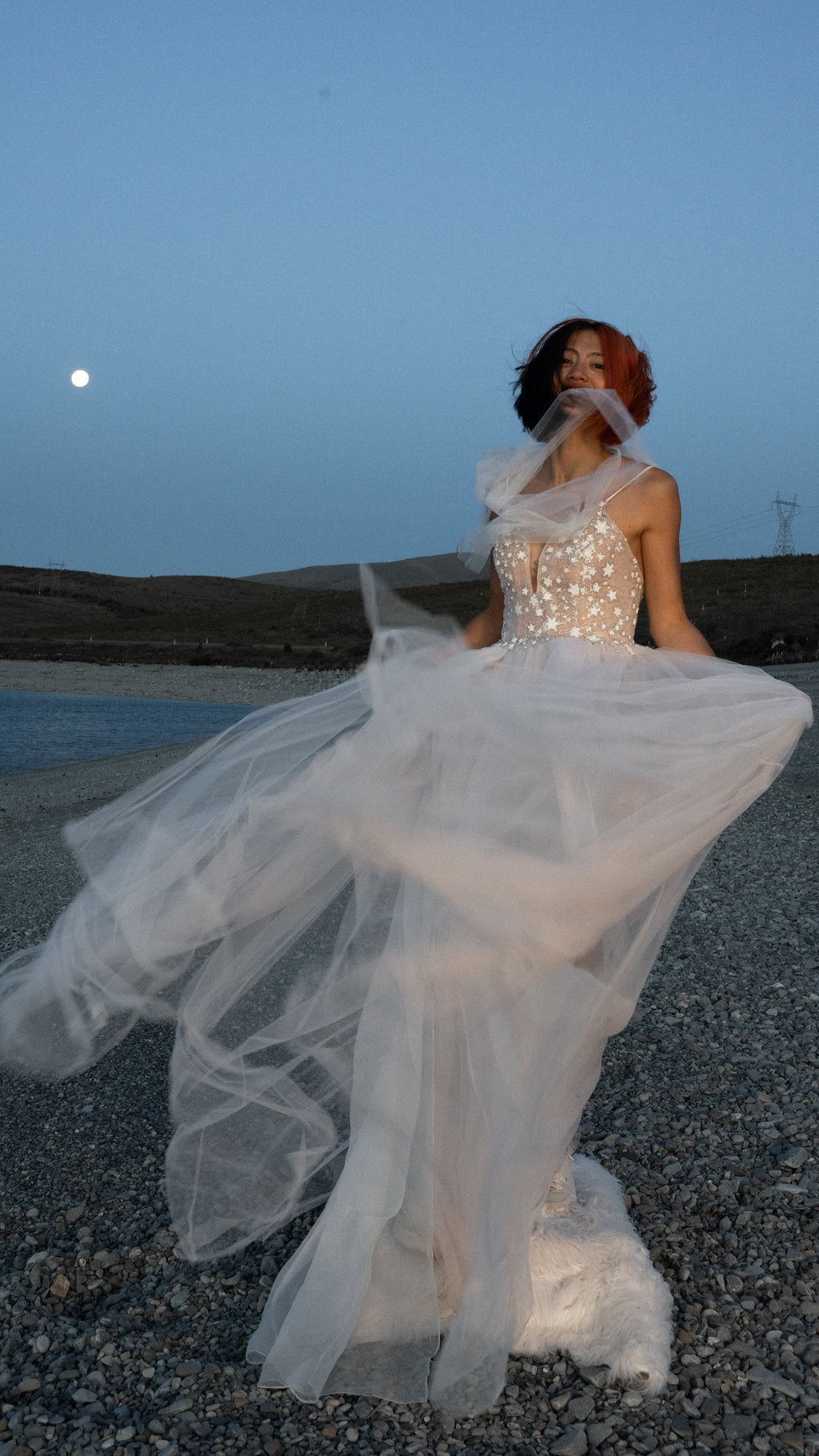 Celestial wedding dress with a deep plunge corset of tiny star appliques and a flowing skirt, bride on a stony shore under the moon. Make a Wish by Ephemeris