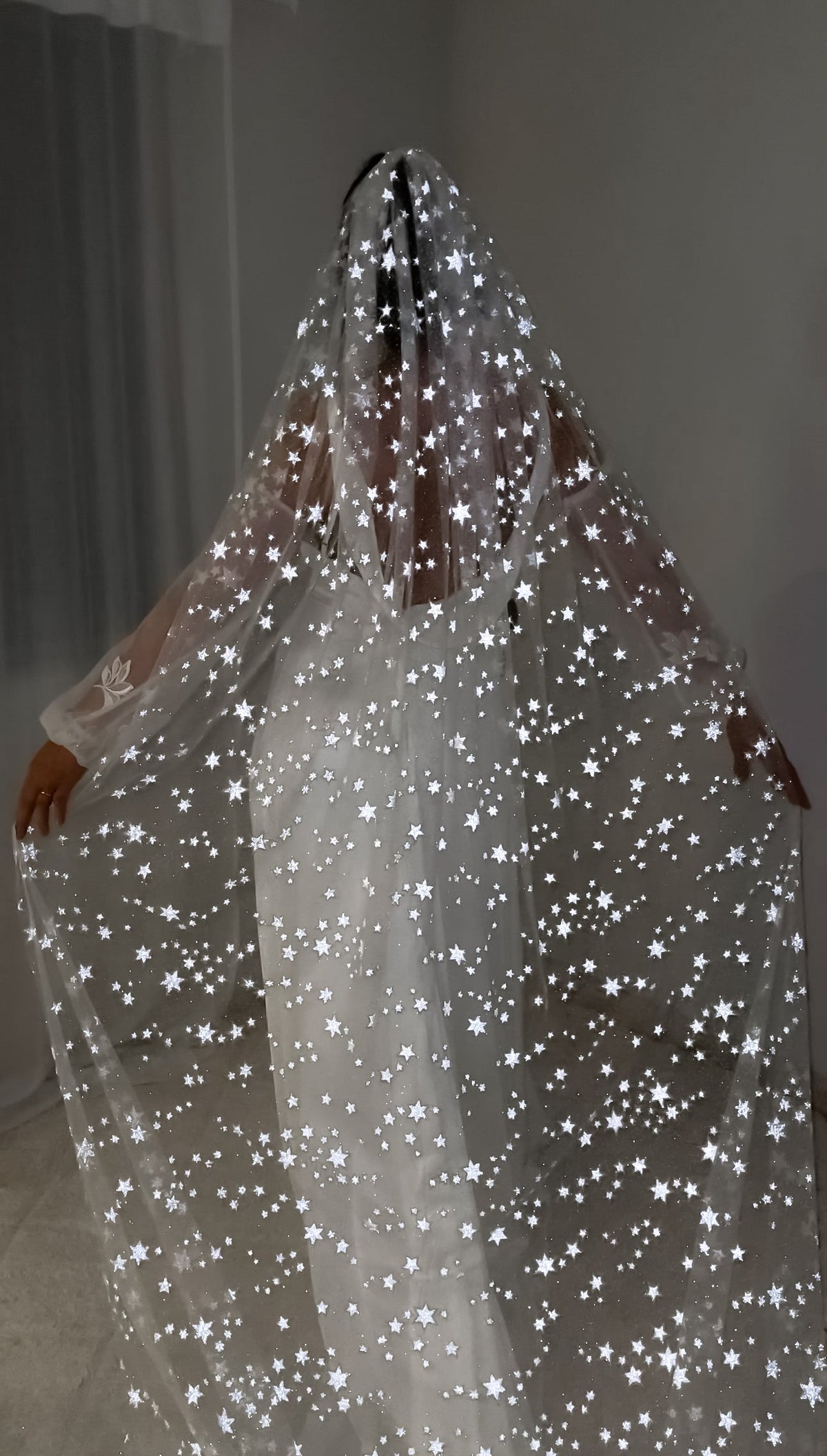 Star wedding veil worn over the face and held wide, every star lit by the flash, bride in a sheer-sleeve gown, Milky Way Veil