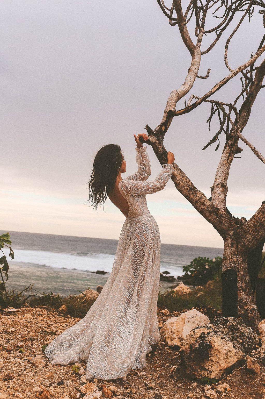 Bride reaching up into a bare tree above the sea, backless ivory lace wedding dress with a full-length skirt, Galaxy Ivory