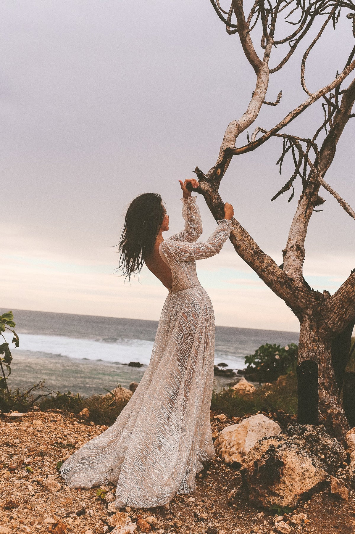 Bride reaching up into a bare tree above the sea, backless ivory lace wedding dress with a full-length skirt, Galaxy Ivory