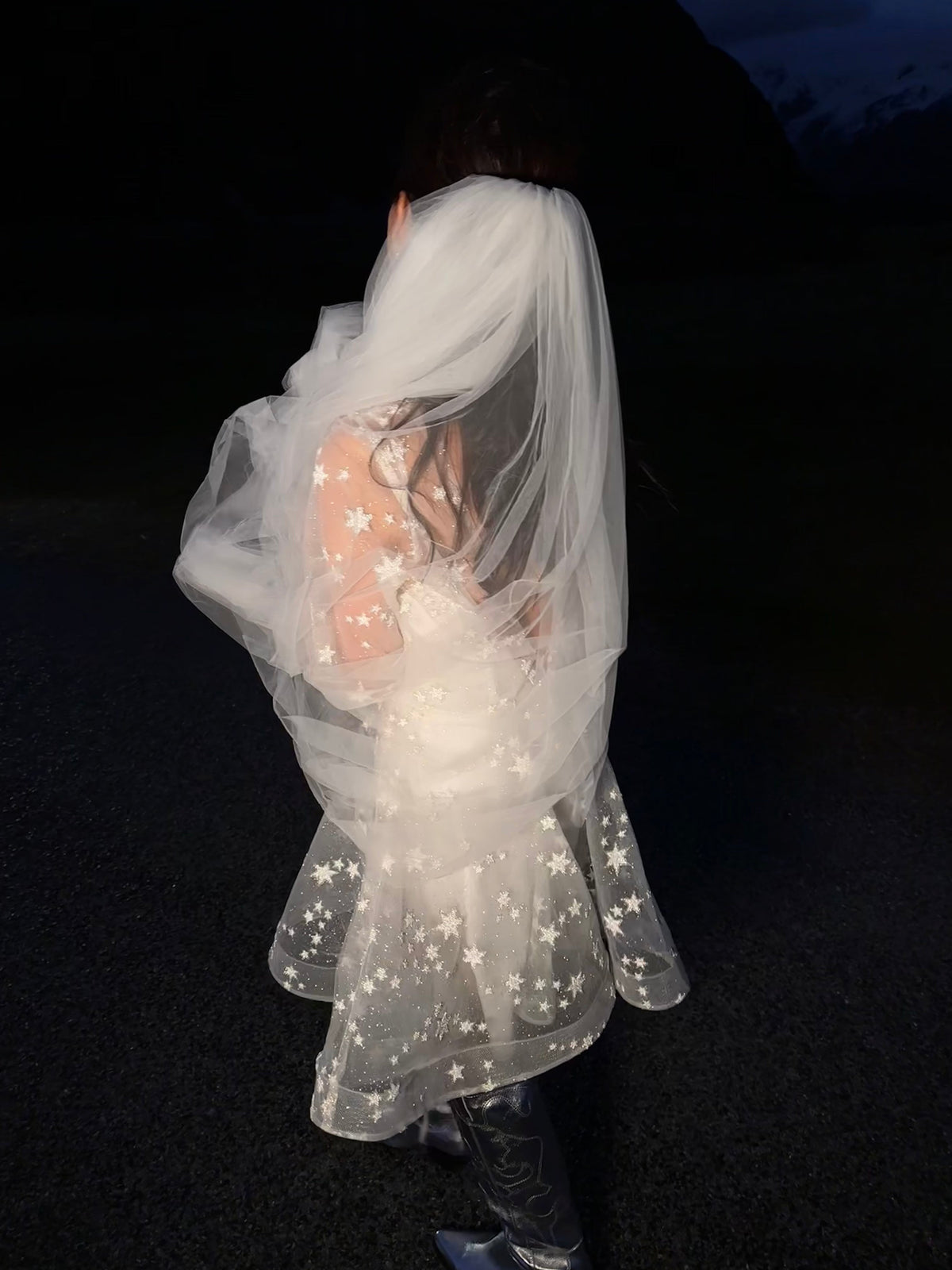 Back view at night of a short star reception dress under a sheer veil, stars on the skirt catching the flash, Twilight Ivory