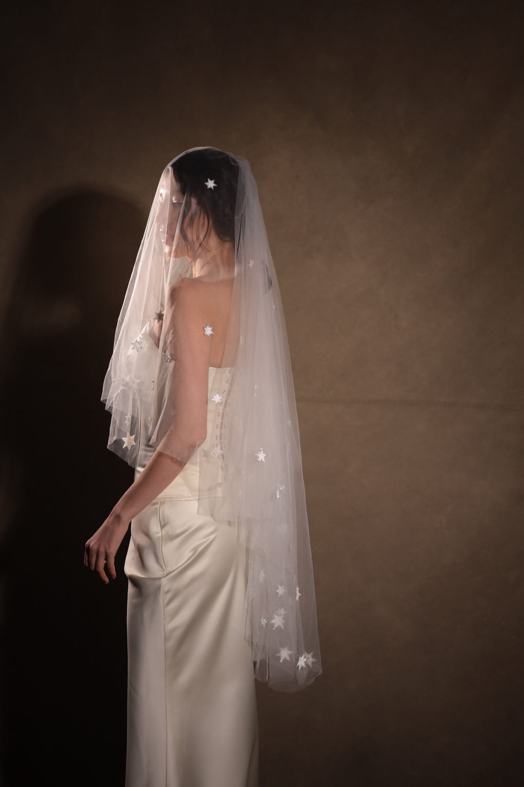 Bride turned away, two-tier star wedding veil falling down her back over a strapless satin gown in warm light, Celestial Glow Veil