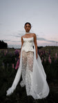 Bridal neck scarf trailing to the ground over a satin corset and sheer star trousers, wildflower field at dusk, Celeste Scarf