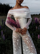 Detachable sleeves in soft ivory tulle off the shoulder with sheer long arms, satin corset, lupines and star trousers, Cloud Sleeves