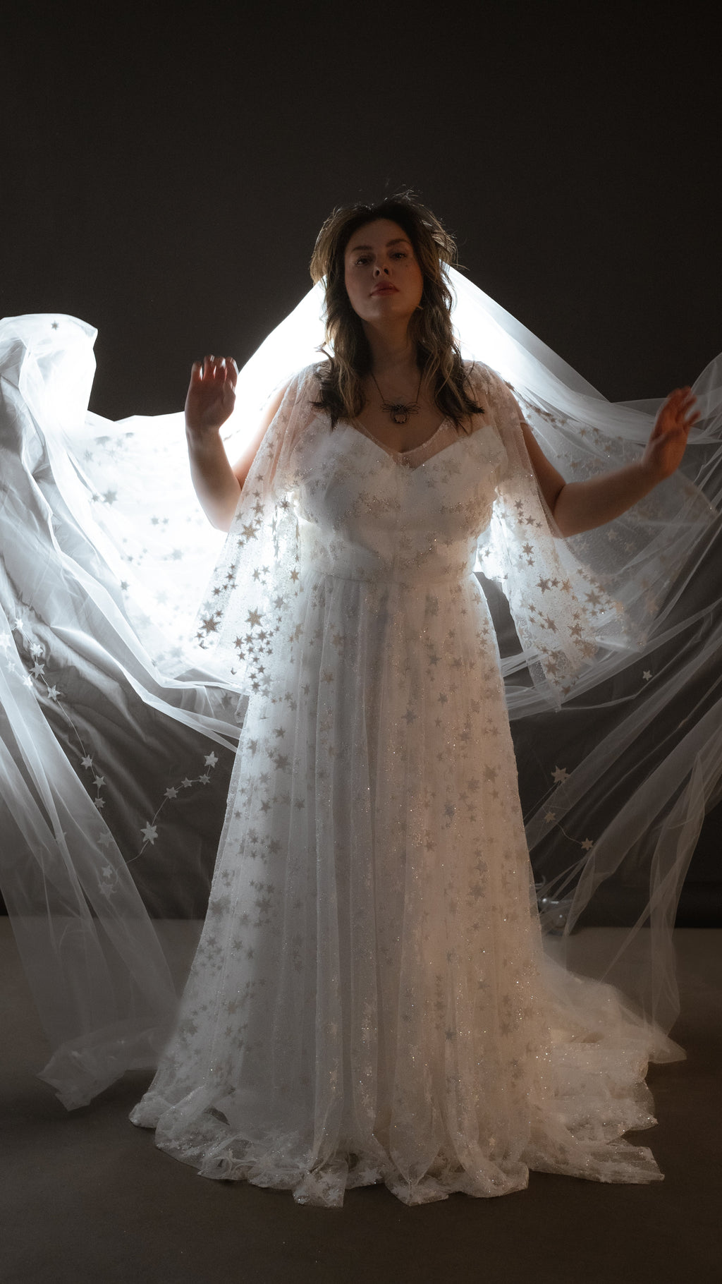 Celestial wedding dress in star lace with sheer flutter sleeves, bride holding a long tulle veil out wide against a dark studio. Counting Stars 2.0 by Ephemeris