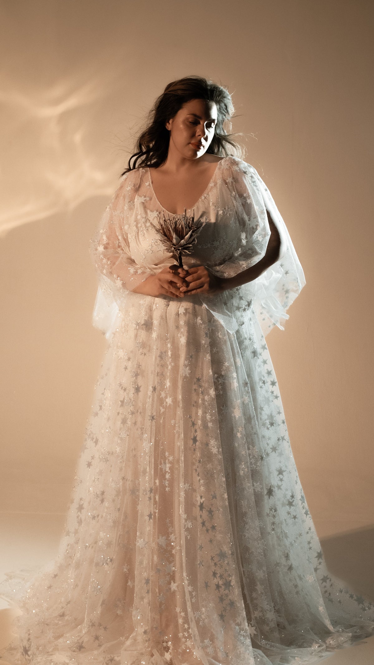 Bride holding a dried protea in front of a star lace wedding dress with sheer flutter sleeves, studio, Counting Stars 2.0