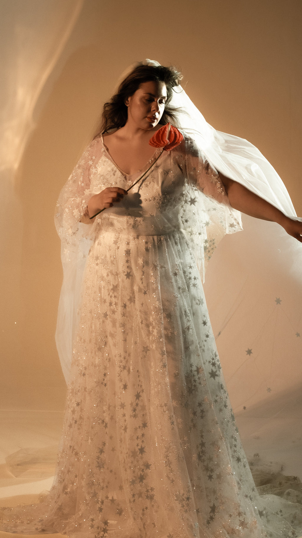 Bride holding a red flower and a flowing tulle veil, star lace wedding dress with cape sleeves, Counting Stars 2.0