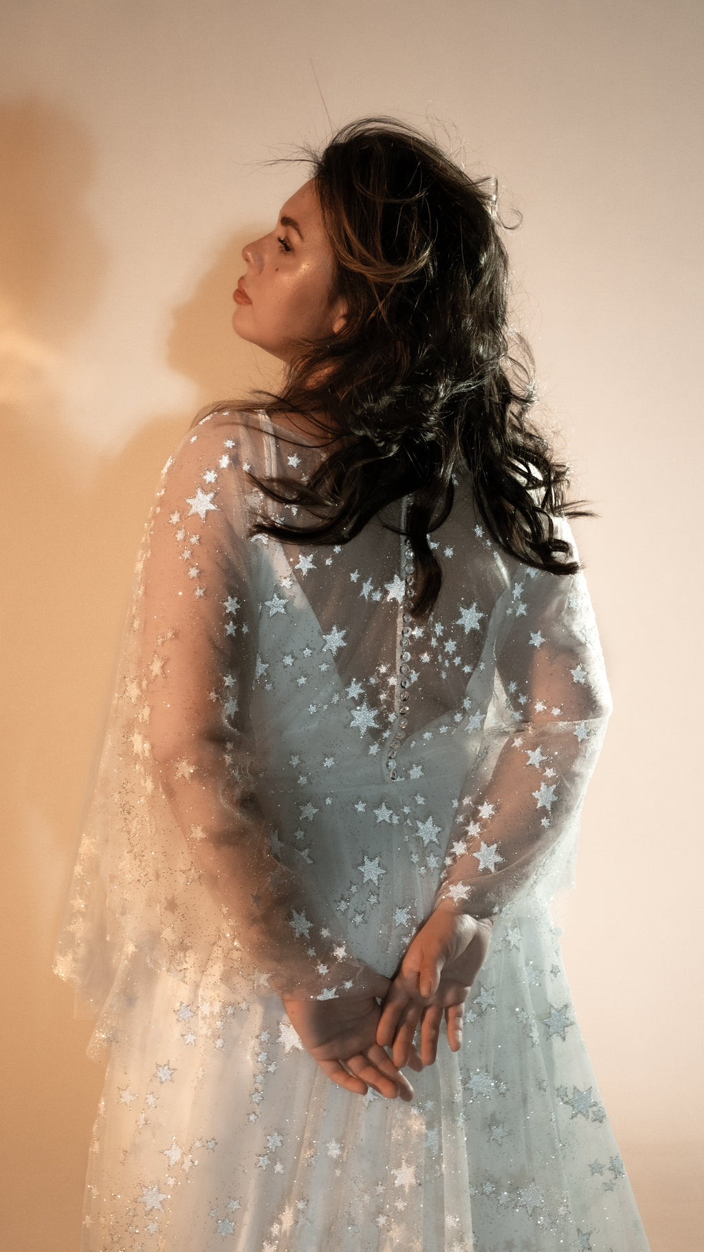 Profile view from behind of a star lace wedding dress with sheer sleeves and covered back, Counting Stars 2.0