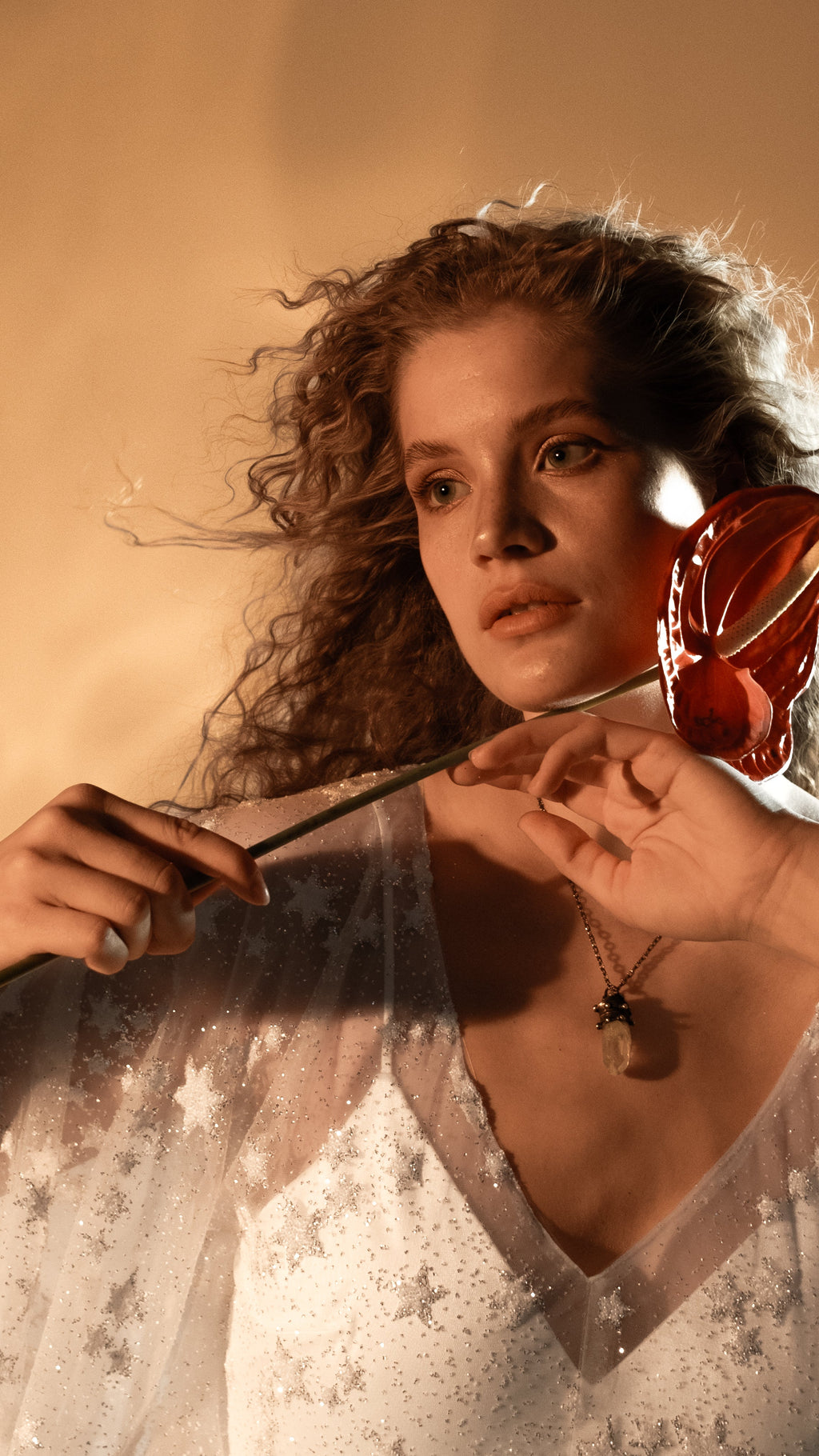 Close portrait with a red flower, V-neck of a star lace wedding dress over a satin slip, pendant necklace, Counting Stars 2.0