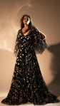Black celestial wedding dress with silver star lace and sheer cape sleeves, full-length front view. Counting Stars Black by Ephemeris