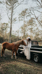 Bride in a cowboy hat with a chestnut horse beside an old pickup truck, star lace wedding dress, Counting Stars Sample