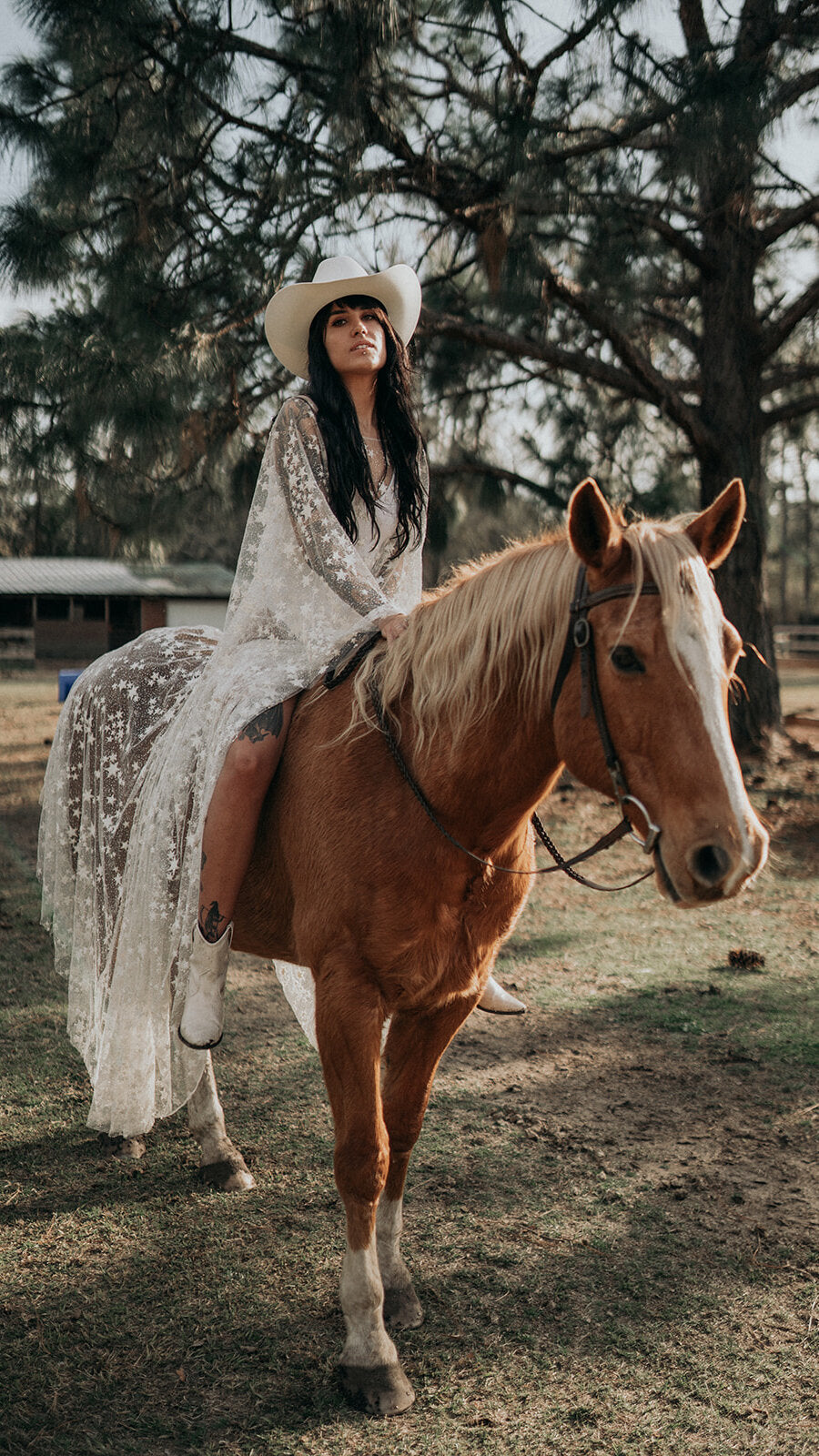 Bride on horseback in a white cowboy hat, star lace wedding dress draped over the horse, Counting Stars Sample