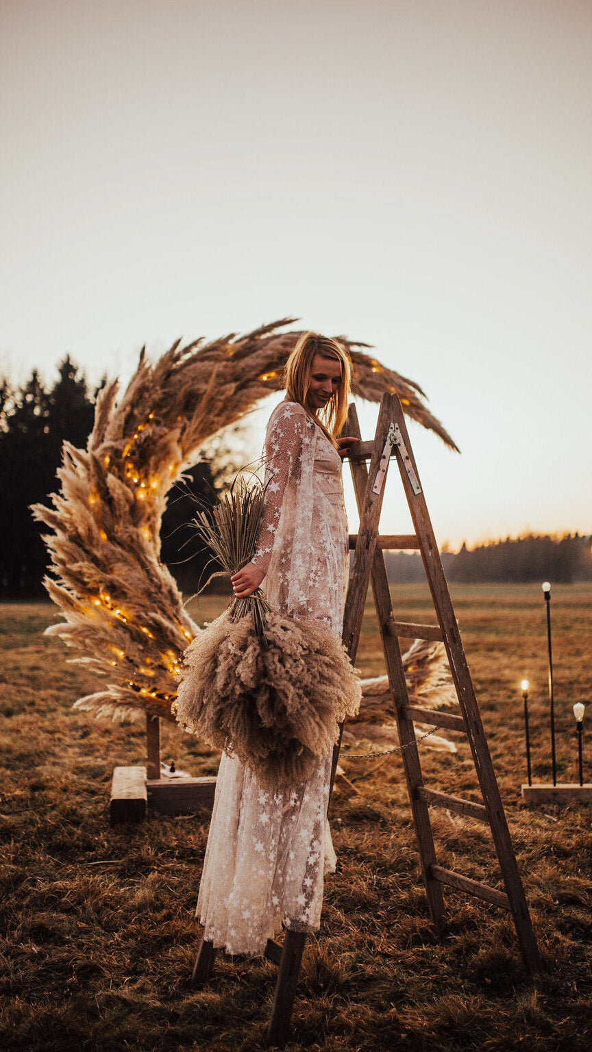 Bride on a wooden ladder by a pampas grass moon arch holding dried grass, star lace wedding dress, Counting Stars