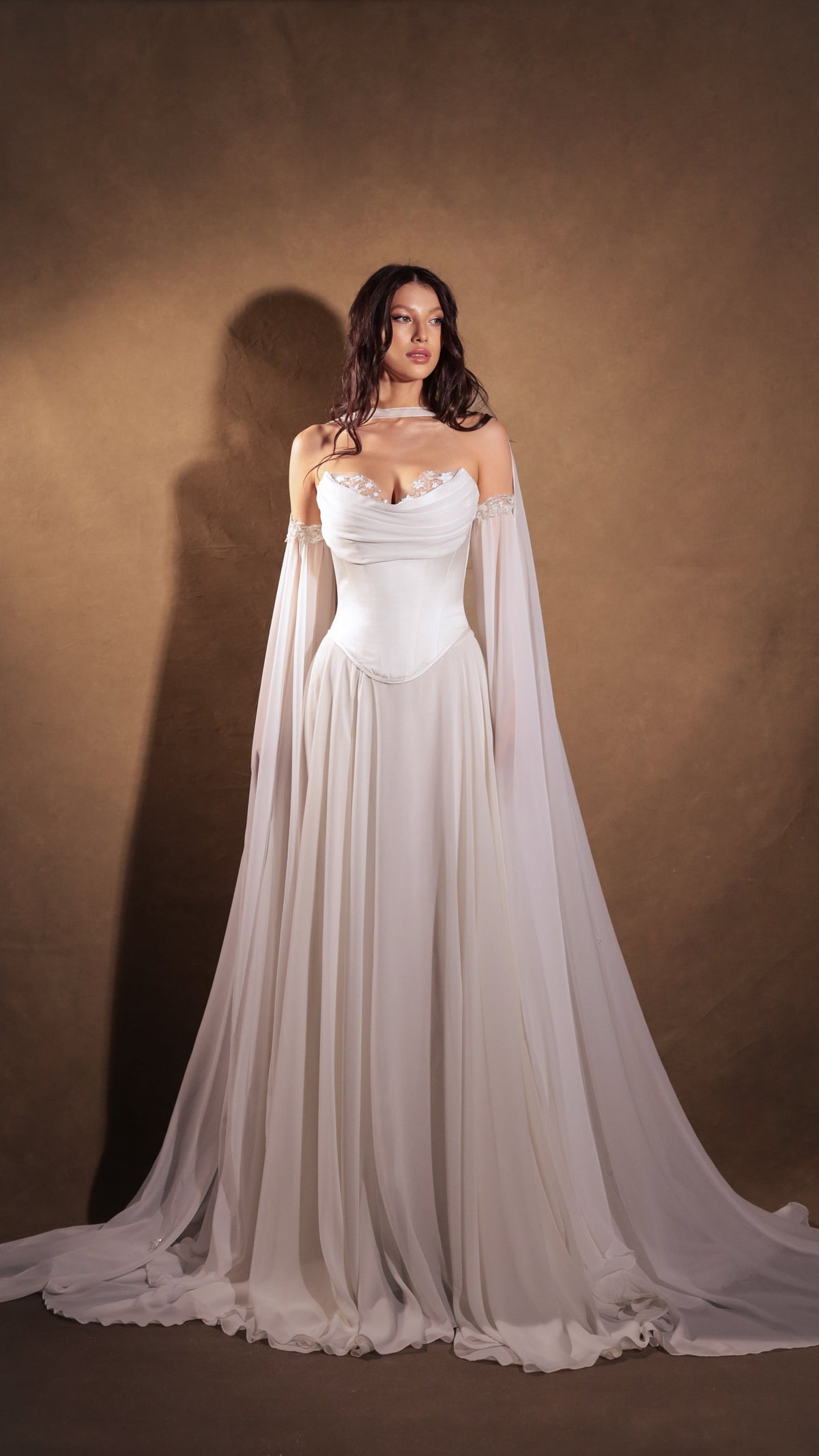 Full-length studio view of chiffon bridal sleeves worn with a strapless corset gown and choker, FEYRE Sleeves