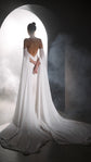 Back view in a misty studio arch, floor-length chiffon bridal sleeves trailing behind an open back gown, FEYRE Sleeves