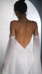 Close back view of chiffon bridal sleeves with lace trimmed elastic bands above the elbow, criss-cross back, FEYRE Sleeves