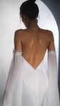 Close back view of thin straps crossing over an open back, silk wedding dress with lace edged chiffon sleeves, FEYRE