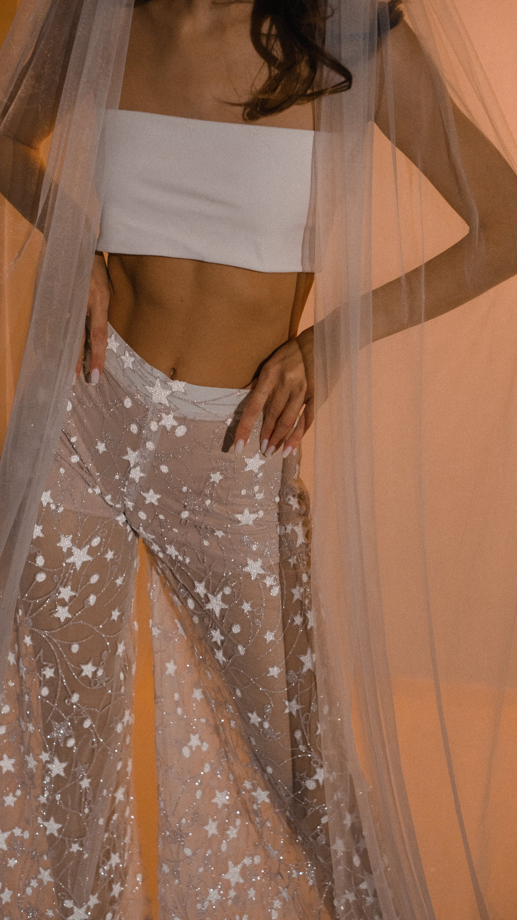 Close crop of sheer star lace bridal pants with a half lining at the hips under a long tulle veil, Galactic Outlaw