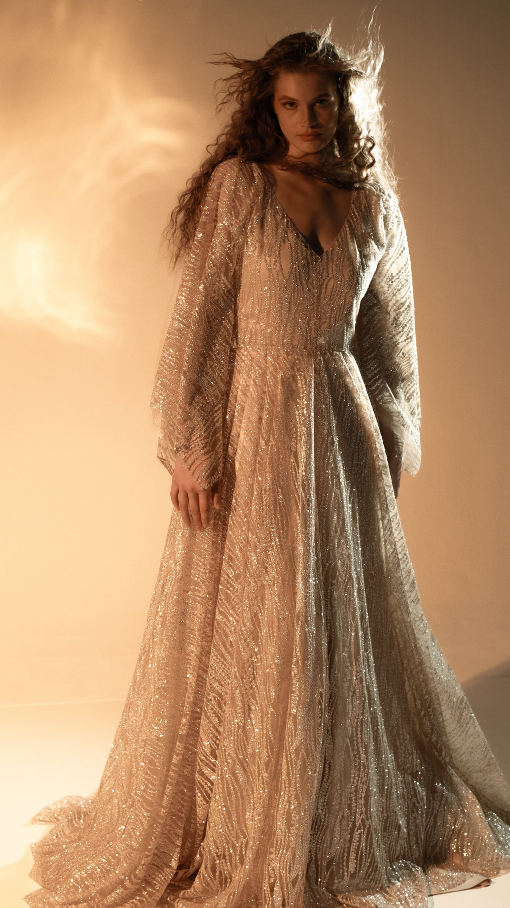 Front view of a champagne glitter lace wedding dress with a V neckline and long sheer sleeves over a full A-line skirt, Galaxy Champagne 2.0