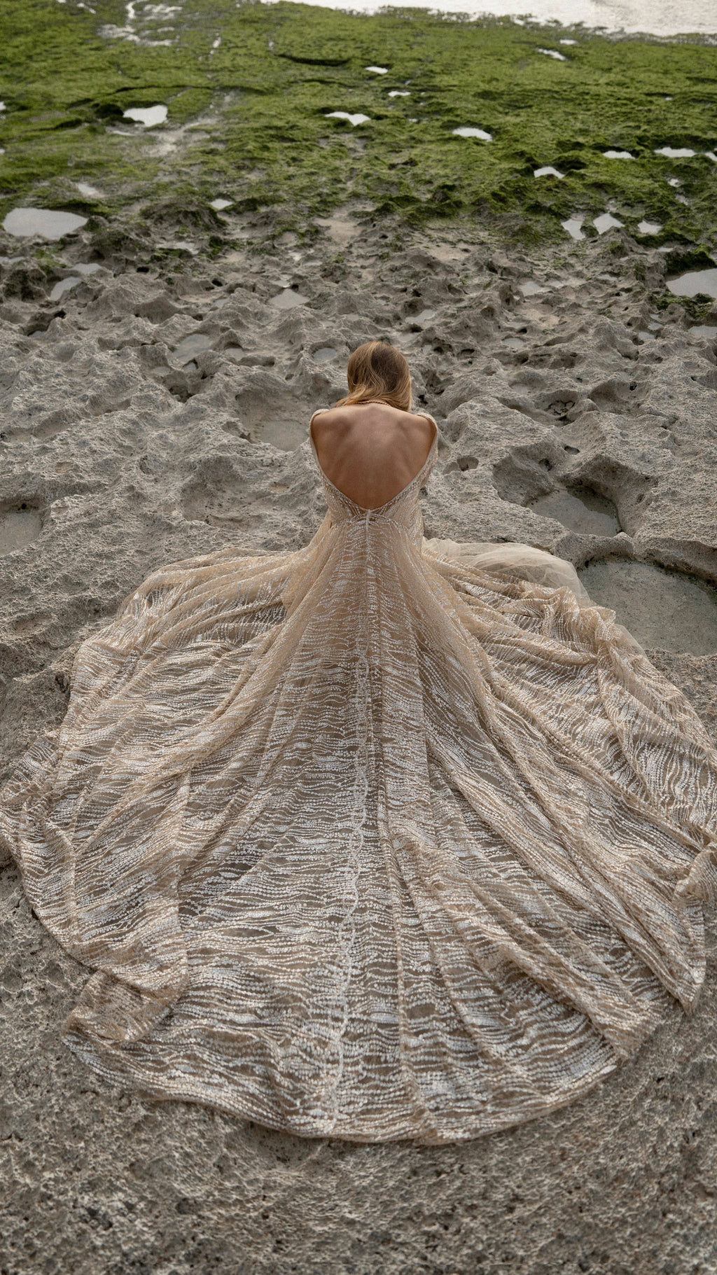 Bride seated on a muddy shore, open back and round train of a champagne glitter lace wedding dress fanned out around her, Galaxy Champagne