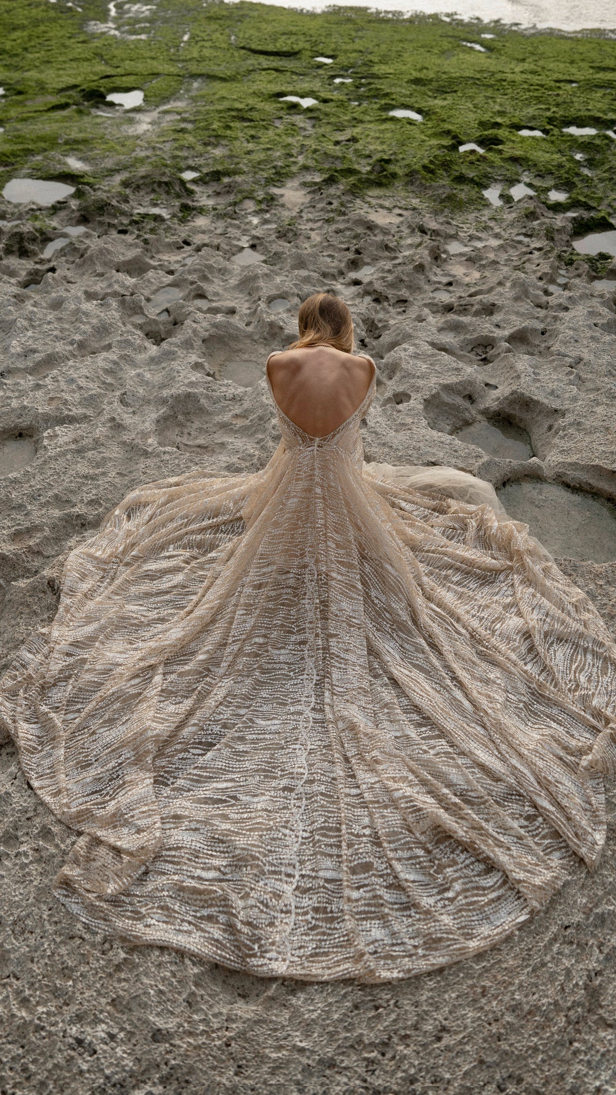Bride seated on a muddy shore, open back and round train of a champagne glitter lace wedding dress fanned out around her, Galaxy Champagne