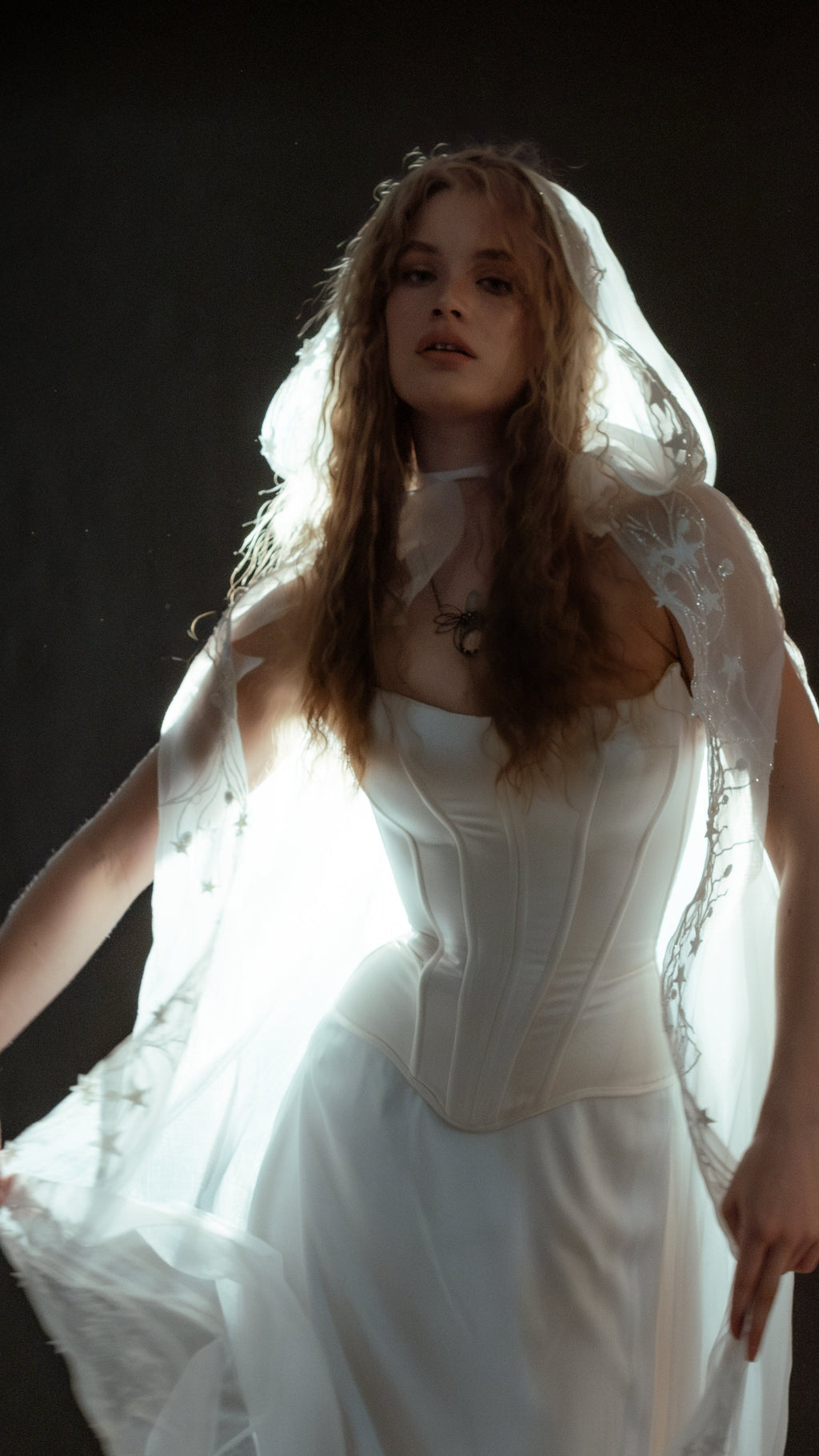 Bridal cape with a sheer chiffon hood and a star embroidered lace border, worn over a strapless corset gown on black, Holly Cape