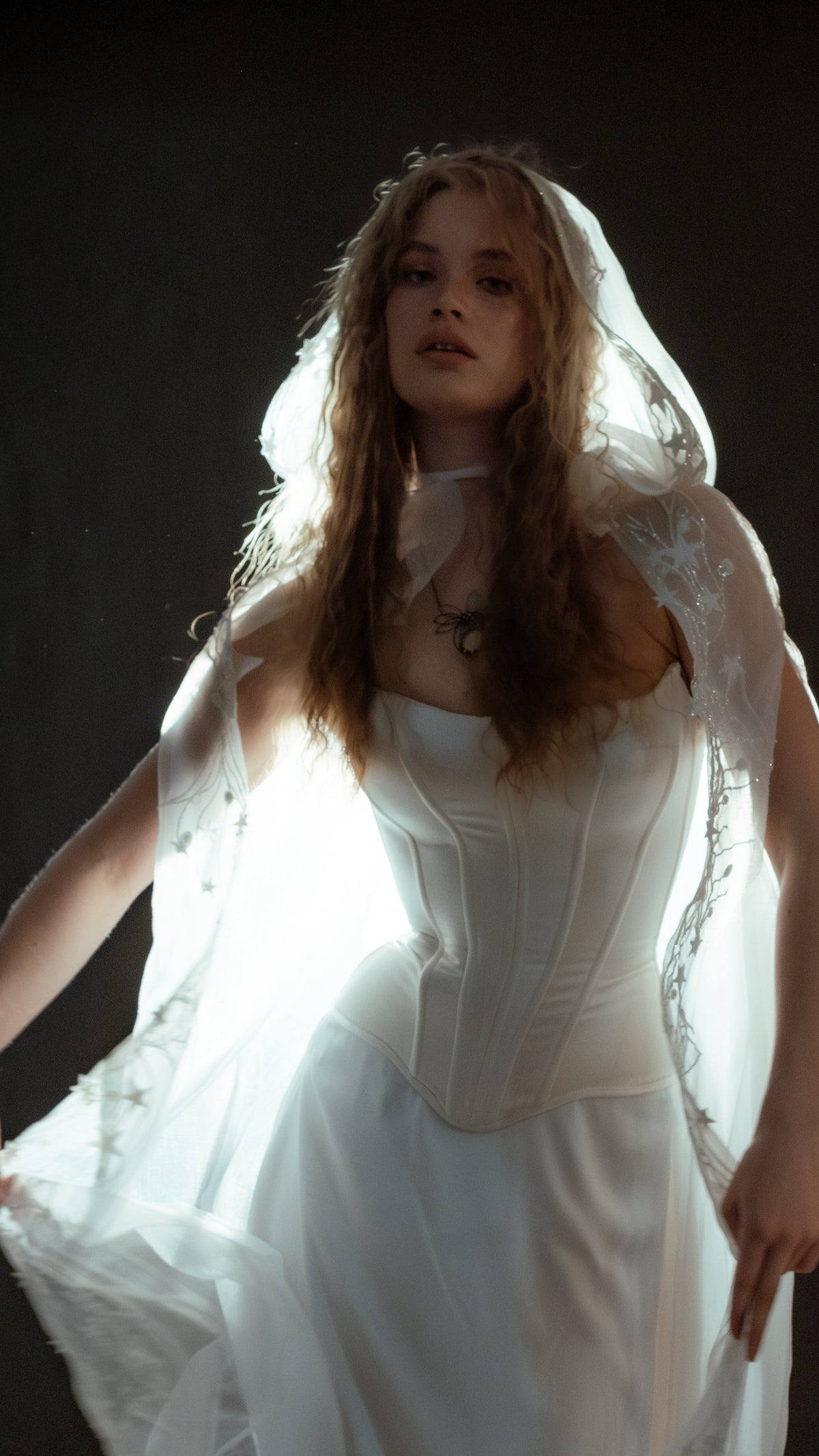 Bridal cape with a sheer chiffon hood and a star embroidered lace border, worn over a strapless corset gown on black, Holly Cape