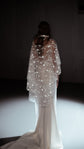 Back view of a round star tulle bridal cape, longer at the back, over a fitted gown with a long train in a spotlight, Lunar Eclipse Cape Ivory