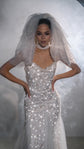 Full tulle wedding veil with blusher over the face, worn with a star embellished mermaid gown and ribbon choker, Madonna Veil