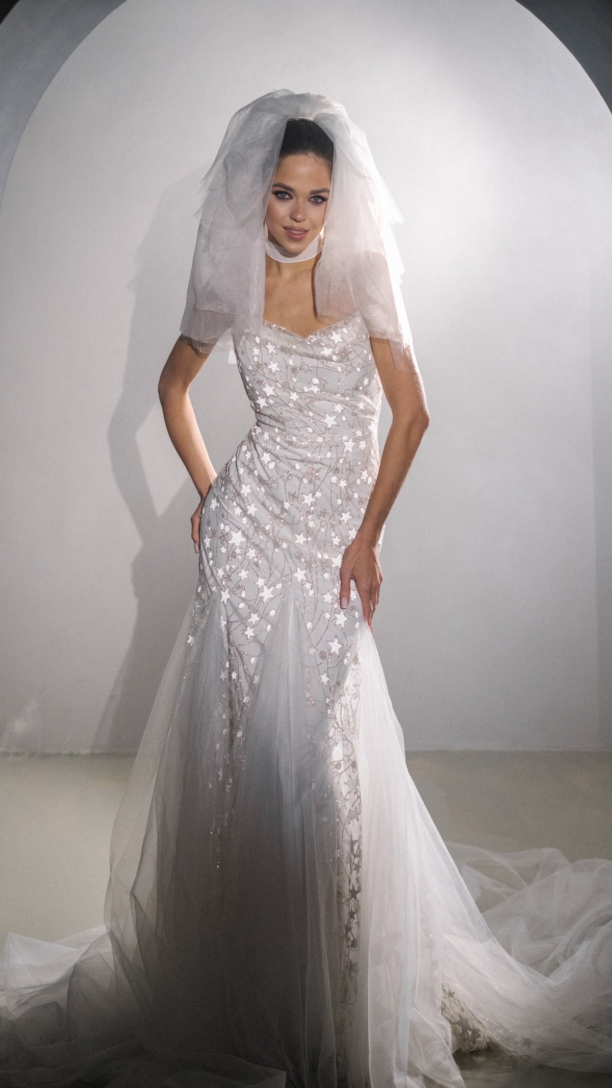 Bride with hands on hips under a puffy shoulder-length wedding veil, star detail mermaid gown with a tulle train, Madonna Veil