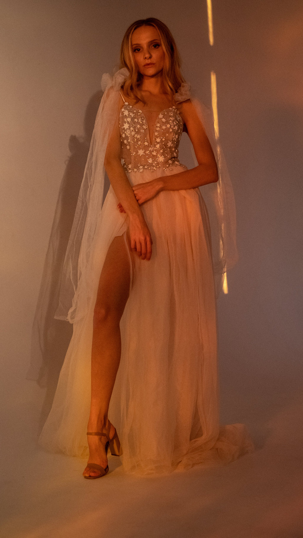 Bride leaning on a wall in golden light, long tulle streamers falling from the shoulders of a star corset wedding dress, Make a Wish