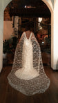 Cathedral-length star bridal cape over an ivory backless gown, back view under a lit garden archway at dusk, Milky Way Cape