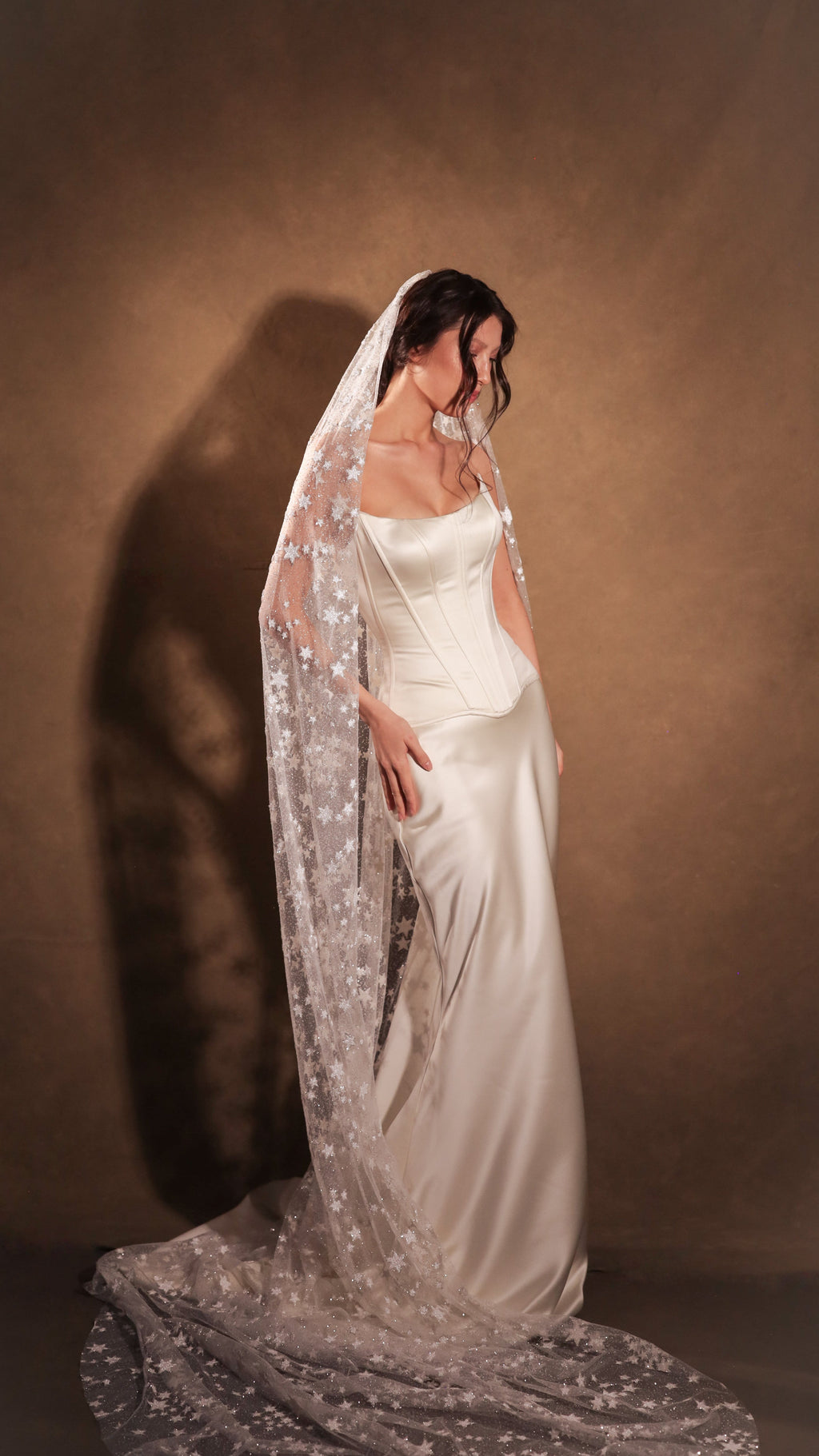 Three-quarter view of a bride in a satin corset gown and star wedding veil, train curled at her feet, Milky Way Veil