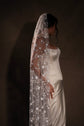 Bride in profile under a long star wedding veil draped over the head and shoulders, satin corset gown, Milky Way Veil