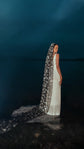 Black star wedding veil flowing over a bride's shoulder onto a dusky lake, satin slip dress, Milky Way Veil Black