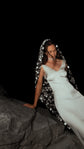 Black wedding veil with reflective stars framing a bride leaning on a rock at night, satin slip dress, Milky Way Veil Black