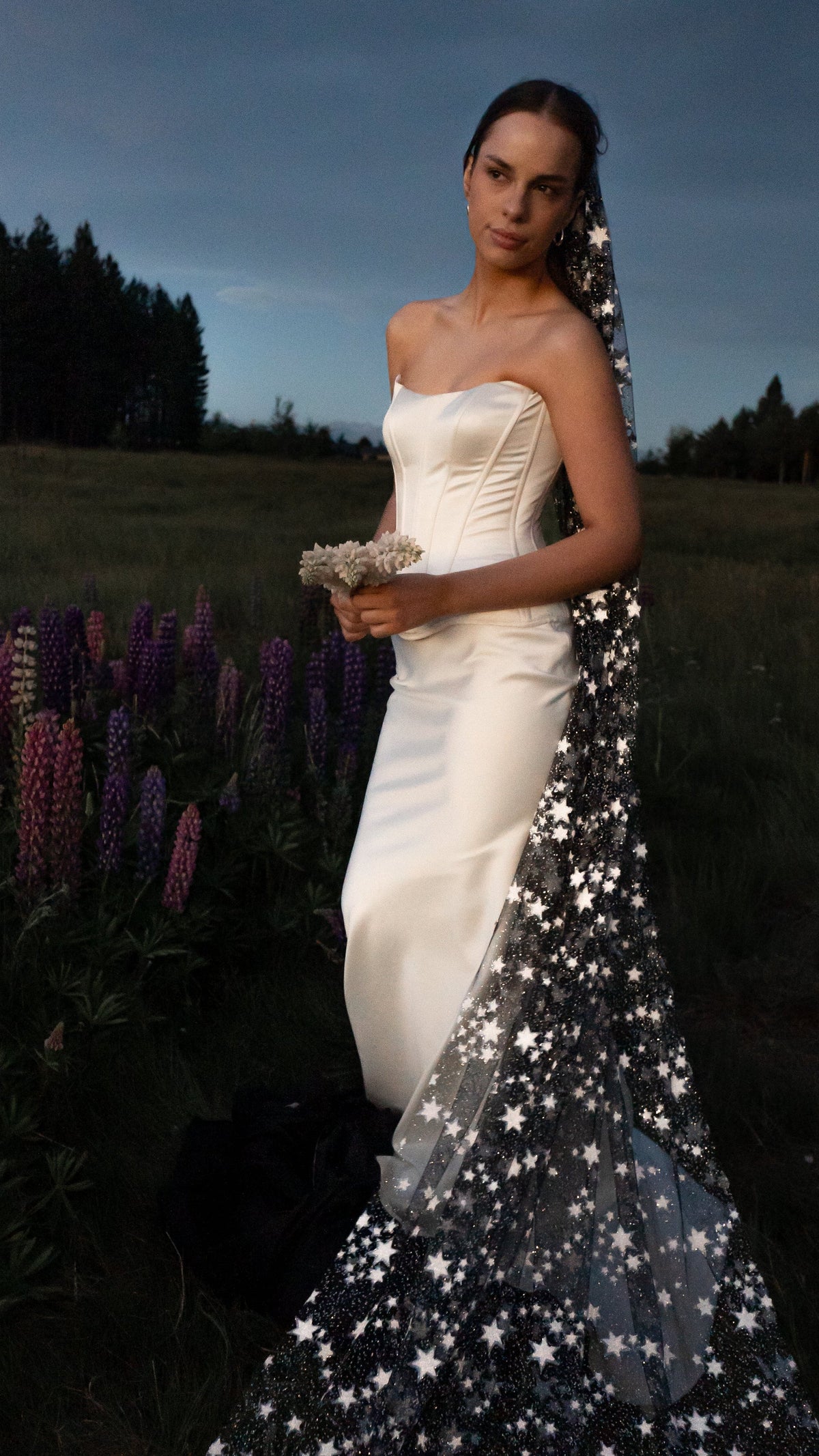 Bride in a strapless satin corset gown with a black star wedding veil falling from the crown, lupines at dusk, Milky Way Veil Black