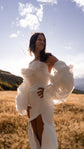 Detachable bridal sleeves of voluminous organza petals with a strapless slit gown, golden grass field, My Darling Hurricane Sleeves by Ephemeris