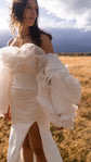 Flower-bud detachable sleeves worn off the shoulder with a ruffled strapless gown, storm clouds over golden grass, My Darling Hurricane Sleeves