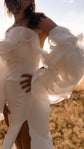 Detail of layered organza petals on detachable bridal sleeves, bride with hand on hip in warm sunlight, My Darling Hurricane Sleeves