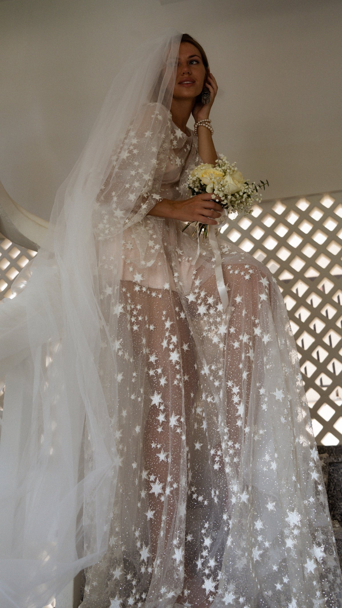 Cathedral wedding veil in soft plain tulle over a bride in a sheer star gown, seated with a bouquet by a lattice wall, Niagara Veil by Ephemeris