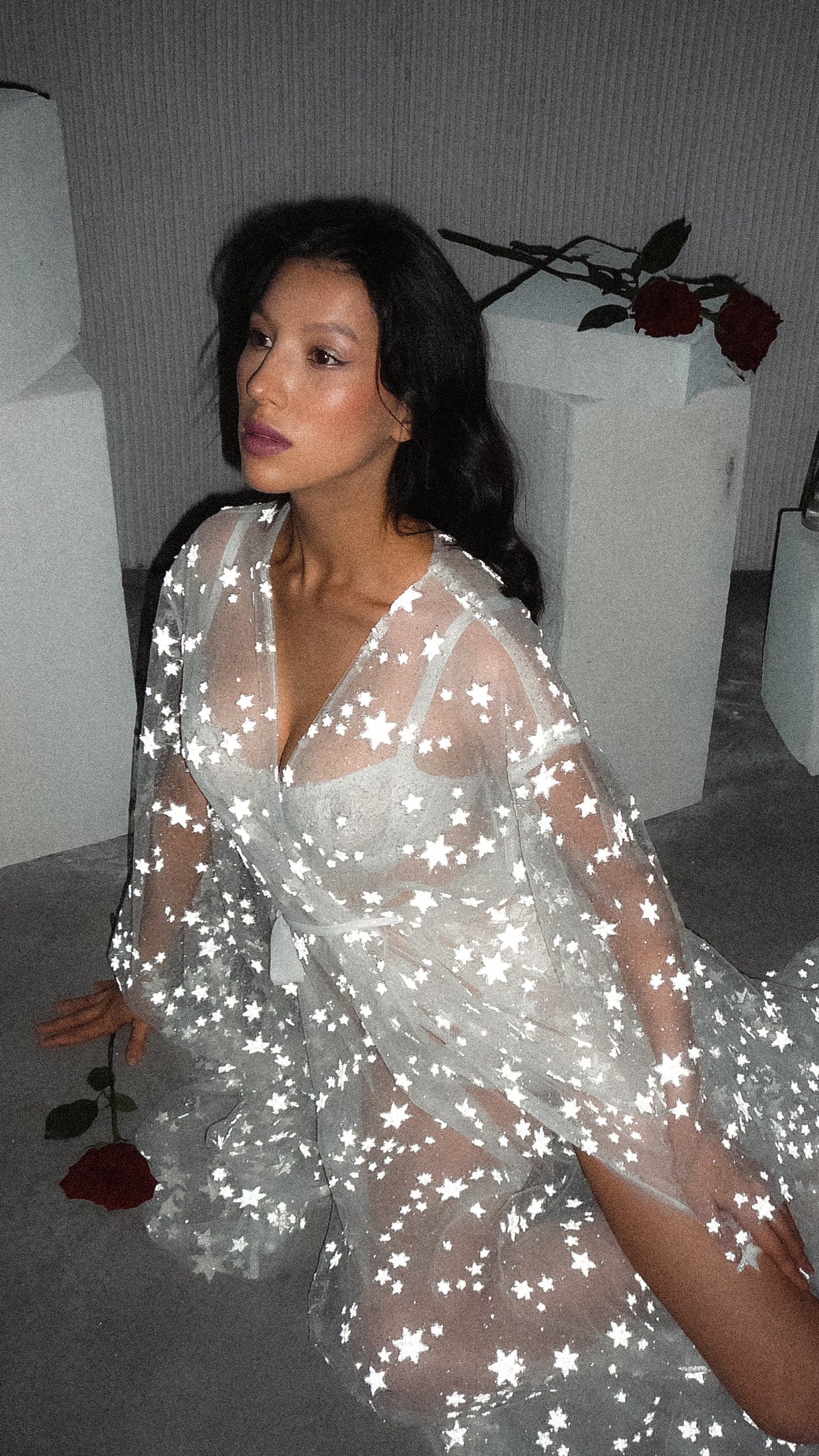 Waist-up shot of a model seated in a sheer star bridal robe, red rose on the floor beside her, Orion Robe