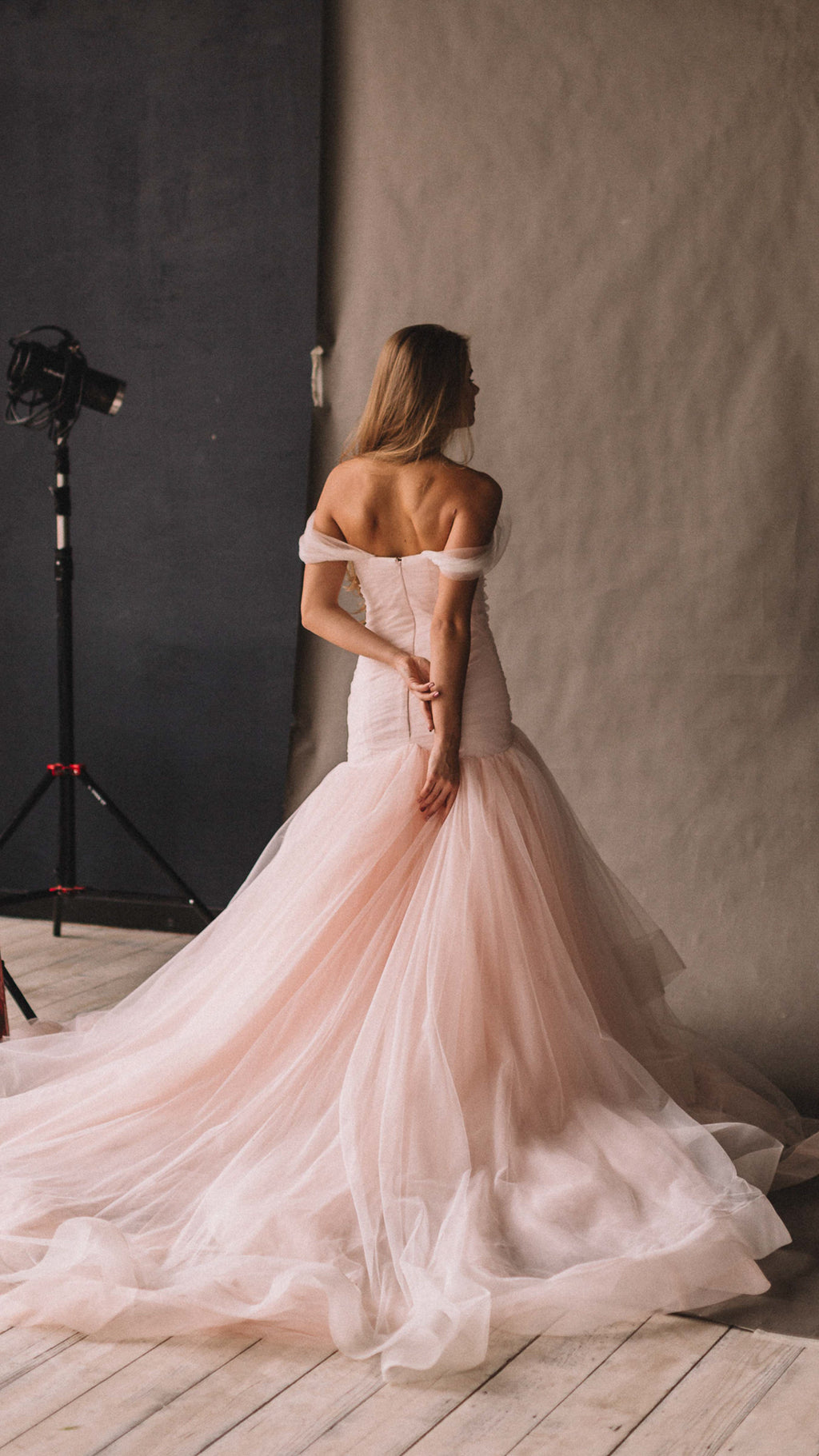 Blush wedding dress with off-shoulder draped tulle and a fit and flare skirt, back view in a studio, Peony by Ephemeris
