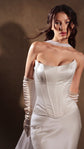 Portrait in satin bridal separates, scooped strapless corset, long satin gloves and a sheer neck scarf, studio, Solana Ensemble