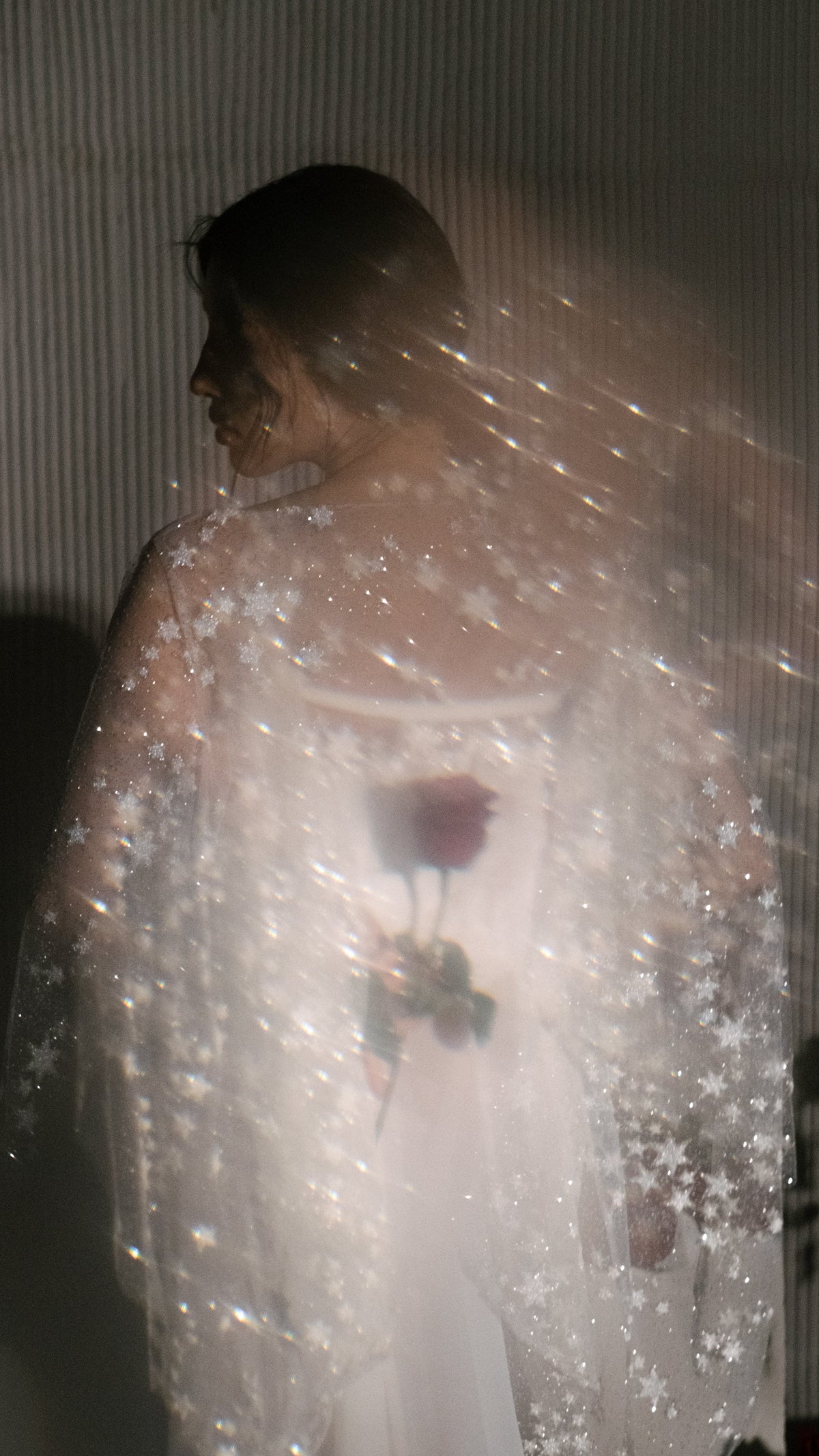 Motion-blurred bridal robe with star lace sleeves streaking in the light, a red rose held behind the back, ethereal, Stargazer Robe Ivory