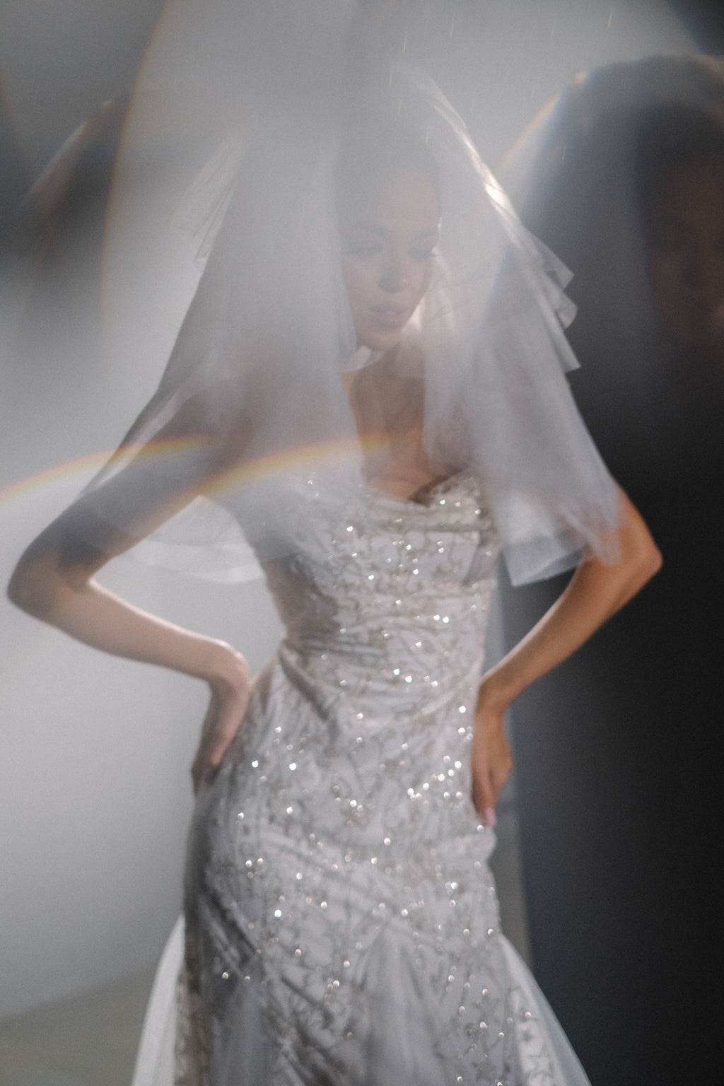 Soft-focus crop of a beaded star wedding dress with a cowl neckline under a short tulle veil, prism light, Supernova