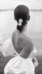 Close back view of a satin wedding dress with gathered puff sleeves, flower clips in a low bun, sea behind, The Dark Side of The Moon