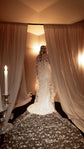 Back view of a bride walking between drapes under a star tulle wedding veil, the cathedral train spread in a wide circle, Velum Veil