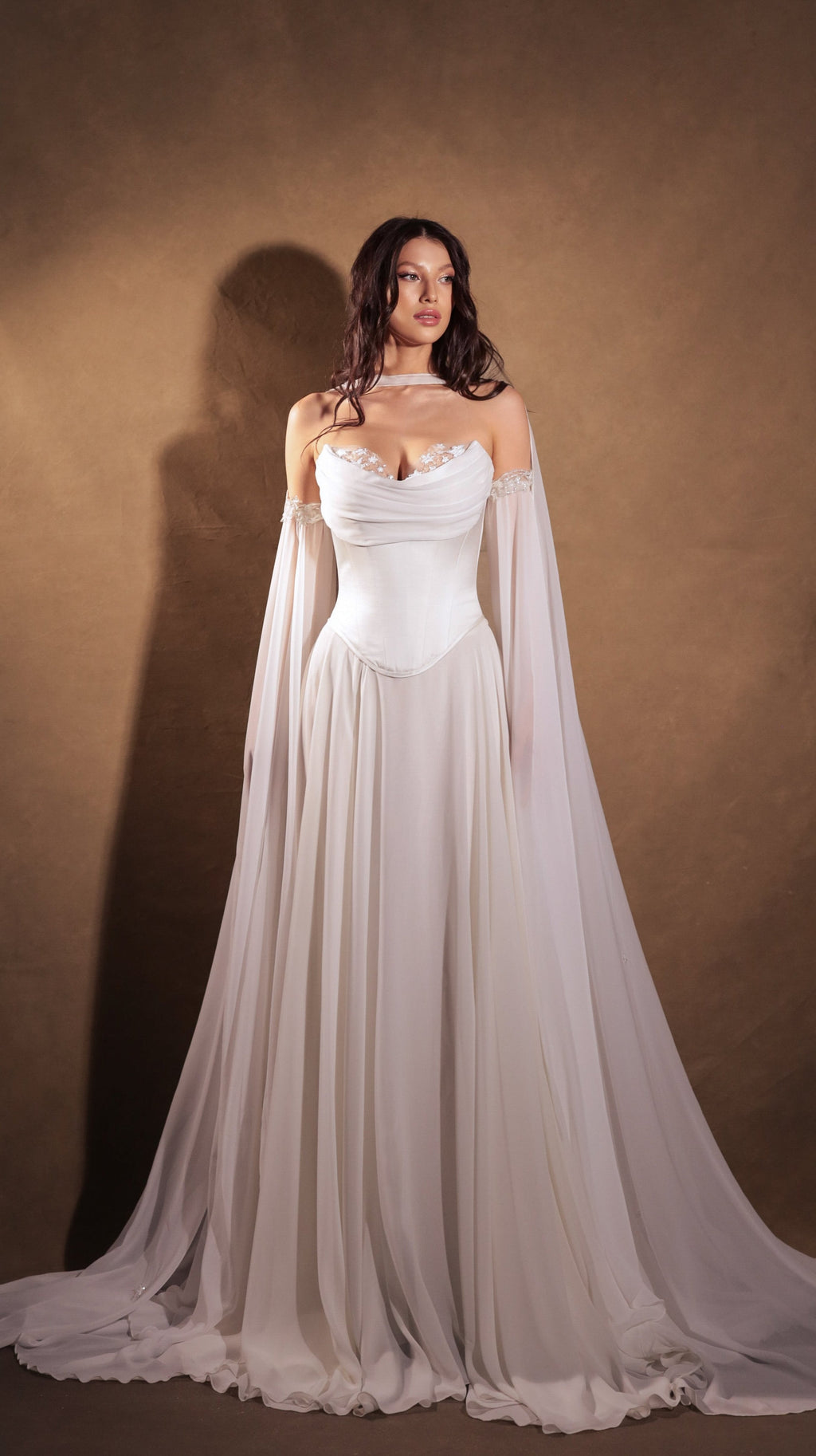 Full-length chiffon bridal skirt flaring into a soft train, paired with the Venus Corset and long sheer sleeves, Venus Skirt